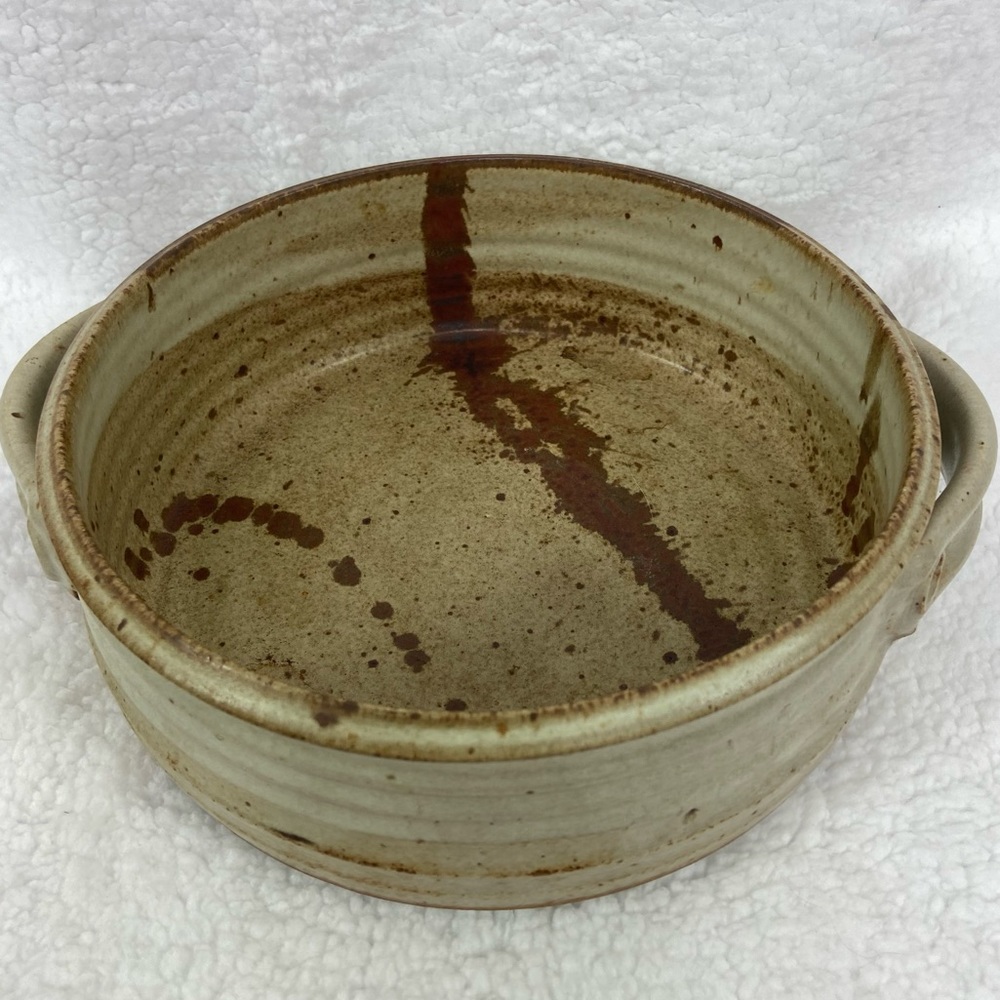 Art pottery signed clay earth tone bowl with handles